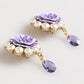 Purple Floral Crystal Pearl Drop Clip-On Statement Earrings