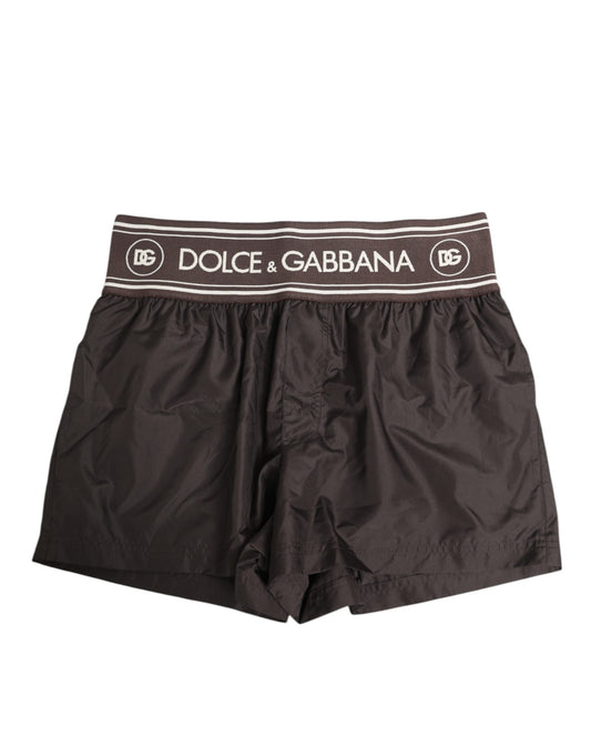 Brown Polyester Logo Elastic Waistband Swimwear