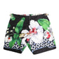 Black White Polyester Floral Orchid Print Shorts