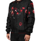 Black Red Floral Silk Bomber Blouson Jacket