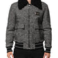 Gray Wool Herringbone Shearling Collar Bomber Jacket