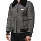 Gray Wool Herringbone Shearling Collar Bomber Jacket
