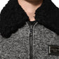 Gray Wool Herringbone Shearling Collar Bomber Jacket