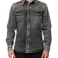 Black Washed Cotton Snap Long Sleeve Casual Shirt