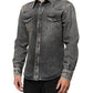 Black Washed Cotton Snap Long Sleeve Casual Shirt