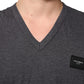 Grey Cotton V-Neck Logo Plaque Melange T-Shirt