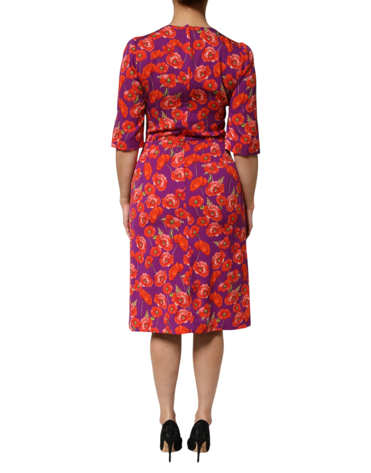 Purple Silk Floral Print Midi Sheath Dress