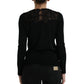 Black Silk Lace Trim Long Sleeves Blouse Top