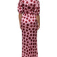 Pink Red Polka Dot Silk Satin Maxi Gown Dress