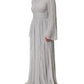 Grey Pleated Maxi Long Sleeve Silk Blend Gown Dress