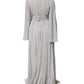 Grey Pleated Maxi Long Sleeve Silk Blend Gown Dress