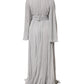 Grey Pleated Maxi Long Sleeve Silk Blend Gown Dress