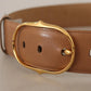Brown Leather Gold Metal Oval Buckle Belt