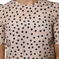 Beige Black Polka Dot Silk Short Sleeve Blouse Top