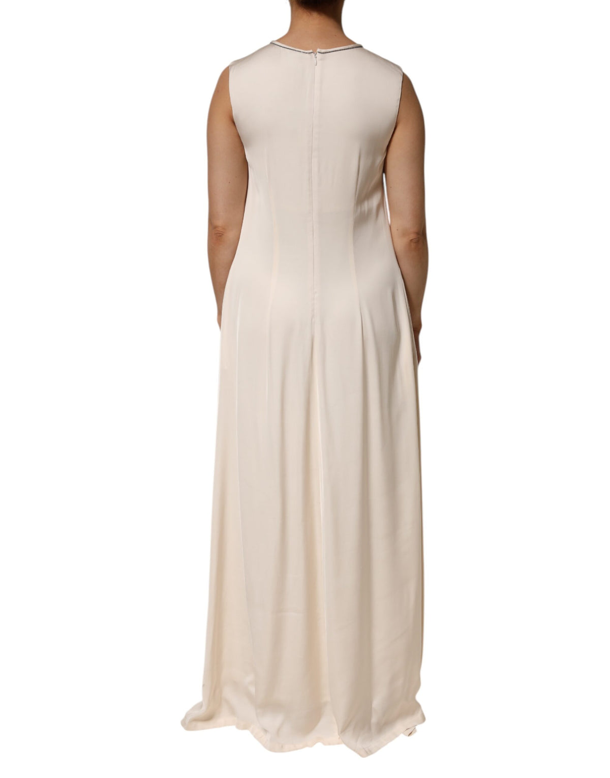 Beige Viscose Pleated Sleeveless Long Maxi Dress