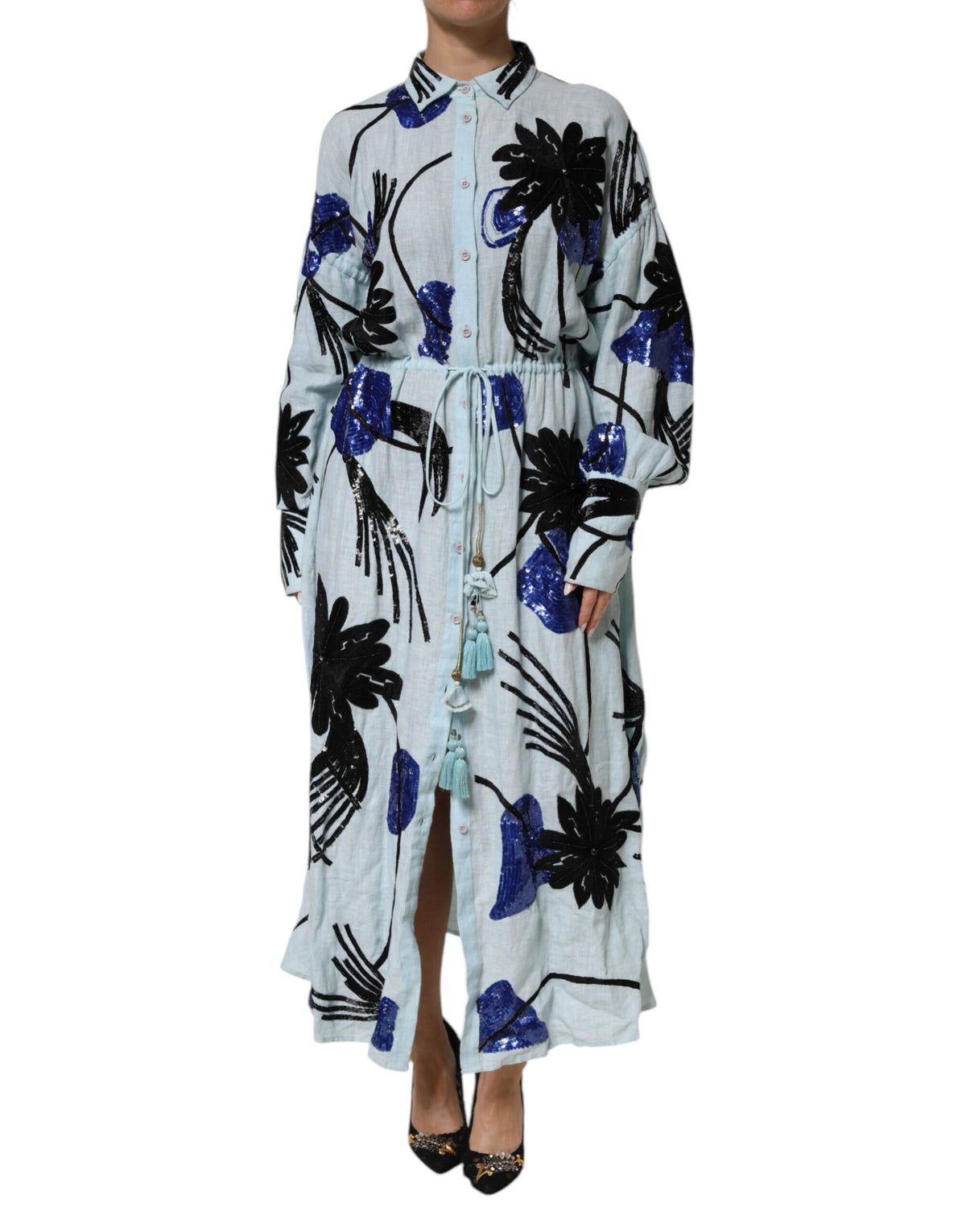Blue Sequin Embellished Shirt Maxi Dress
