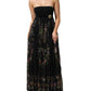 Black Floral Key Print Crystal Strapless Dress
