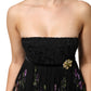 Black Floral Key Print Crystal Strapless Dress