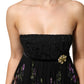 Black Floral Key Print Crystal Strapless Dress