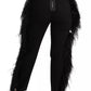 Black Feather Straight High Waist Pants