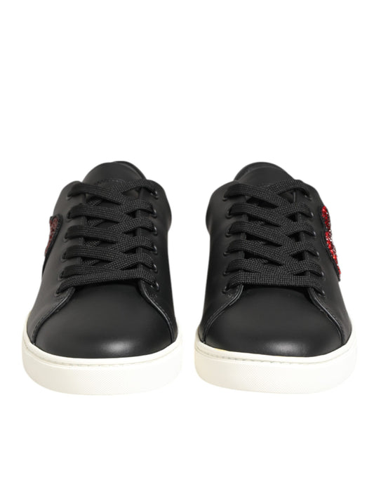 Black White Leather Crystal Heart Sneakers Shoes