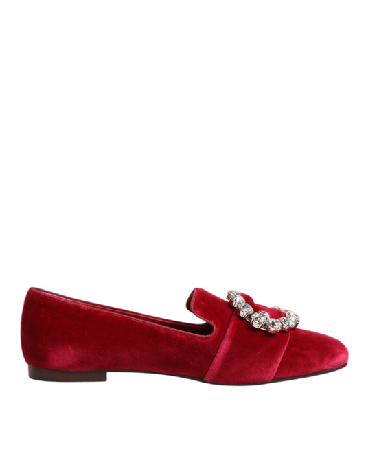 Red Velvet Crystal Buckle Loafers Flats Shoes