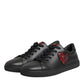 Black Leather Crystal Heart Low Top Sneakers  Shoes