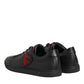 Black Leather Crystal Heart Low Top Sneakers  Shoes