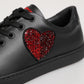 Black Leather Crystal Heart Low Top Sneakers  Shoes