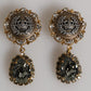 Gold Brass Crown Medallion Black Crystal Drop Clip On Earrings