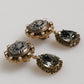 Gold Brass Crown Medallion Black Crystal Drop Clip On Earrings