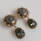 Gold Brass Crown Medallion Black Crystal Drop Clip On Earrings