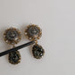 Gold Brass Crown Medallion Black Crystal Drop Clip On Earrings