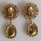 Gold Brass Crown Medallion Black Crystal Drop Clip On Earrings