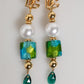 Gold Brass Multicolour Pearl Green Blue Drop Logo DG Earrings