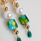 Gold Brass Multicolour Pearl Green Blue Drop Logo DG Earrings