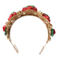 Red Floral Flowerpot Crystal Gold Crown Tiara Headband