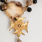 Gold Black Crystals Lapin Fur Filigree Choker Necklace