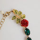 Red Rose Green Crystal Gold-Tone Chain Necklace