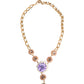Gold Brass Crystal Pearl Purple Floral Pendant Jewelry Necklace