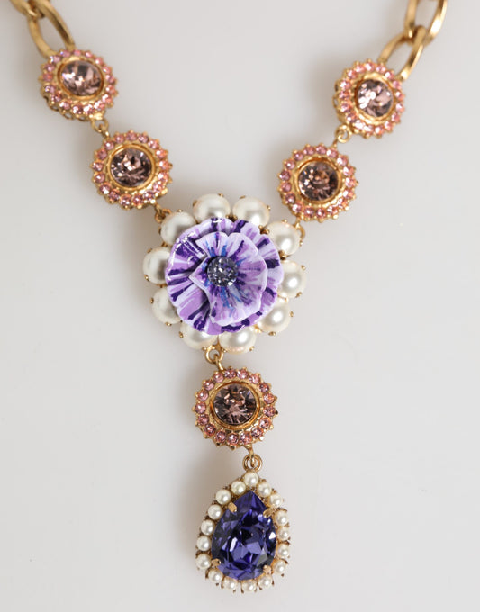 Gold Brass Crystal Pearl Purple Floral Pendant Jewelry Necklace