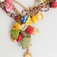 Estate Multicolor Floral Fruit Gold Chain Statement Necklace
