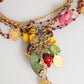 Estate Multicolor Floral Fruit Gold Chain Statement Necklace
