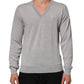 Gray Wool Knit Logo V-Neck Pullover Sweater