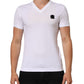 White Cotton Logo Patch V-neck Tee T-shirt
