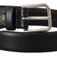 Black Calf Leather Silver Tone Logo Buckle Belt