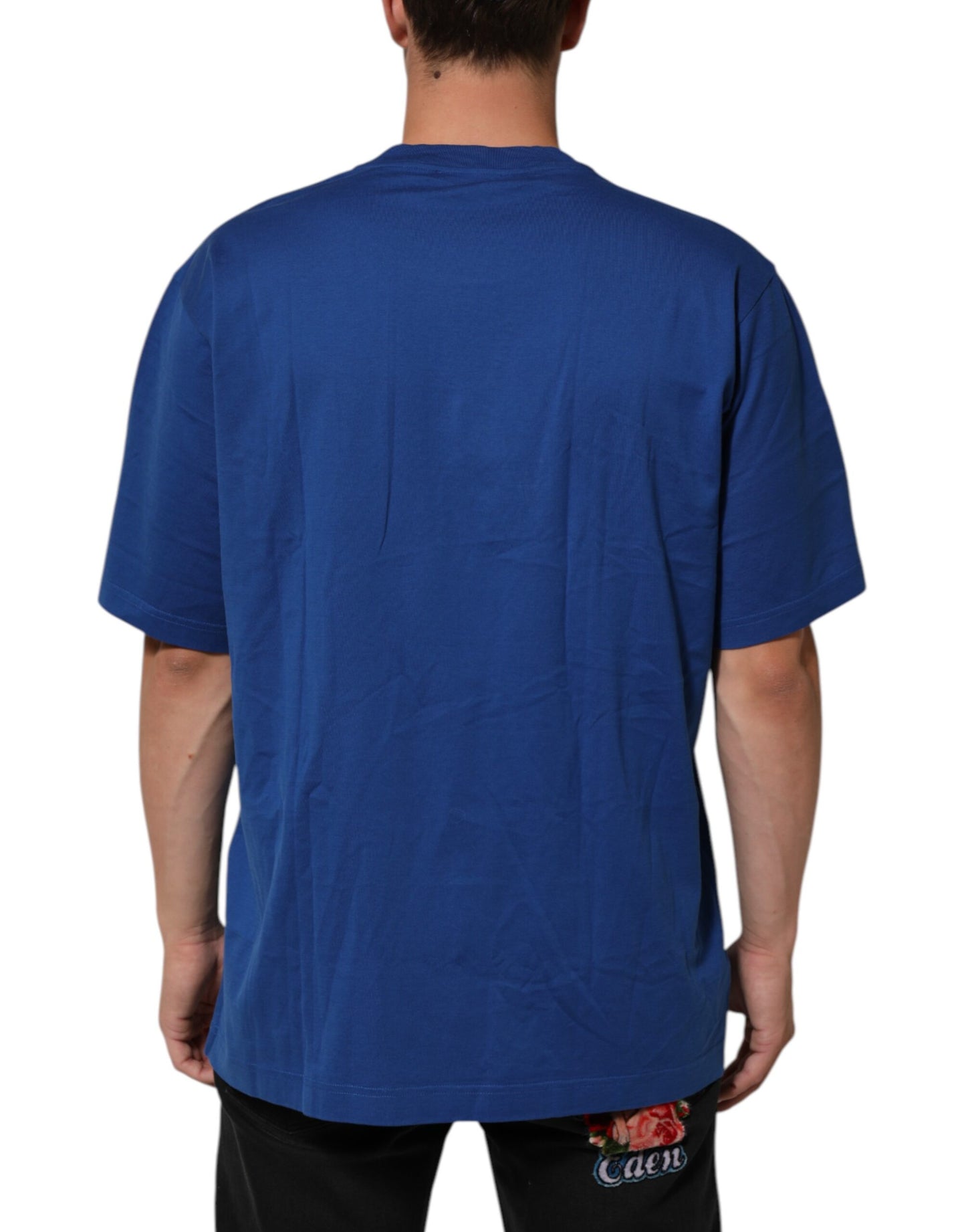 Blue Logo Print Cotton Crew Neck Men T-shirt