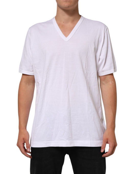 White Cotton V-Neck Short Sleeves T-shirt