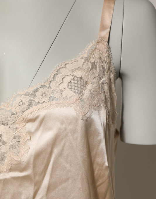 Nude Chemise Lingerie Silk Blend Lace Trim Dress