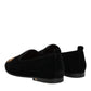Black Velvet Gold Crown Mens Loafers Shoes